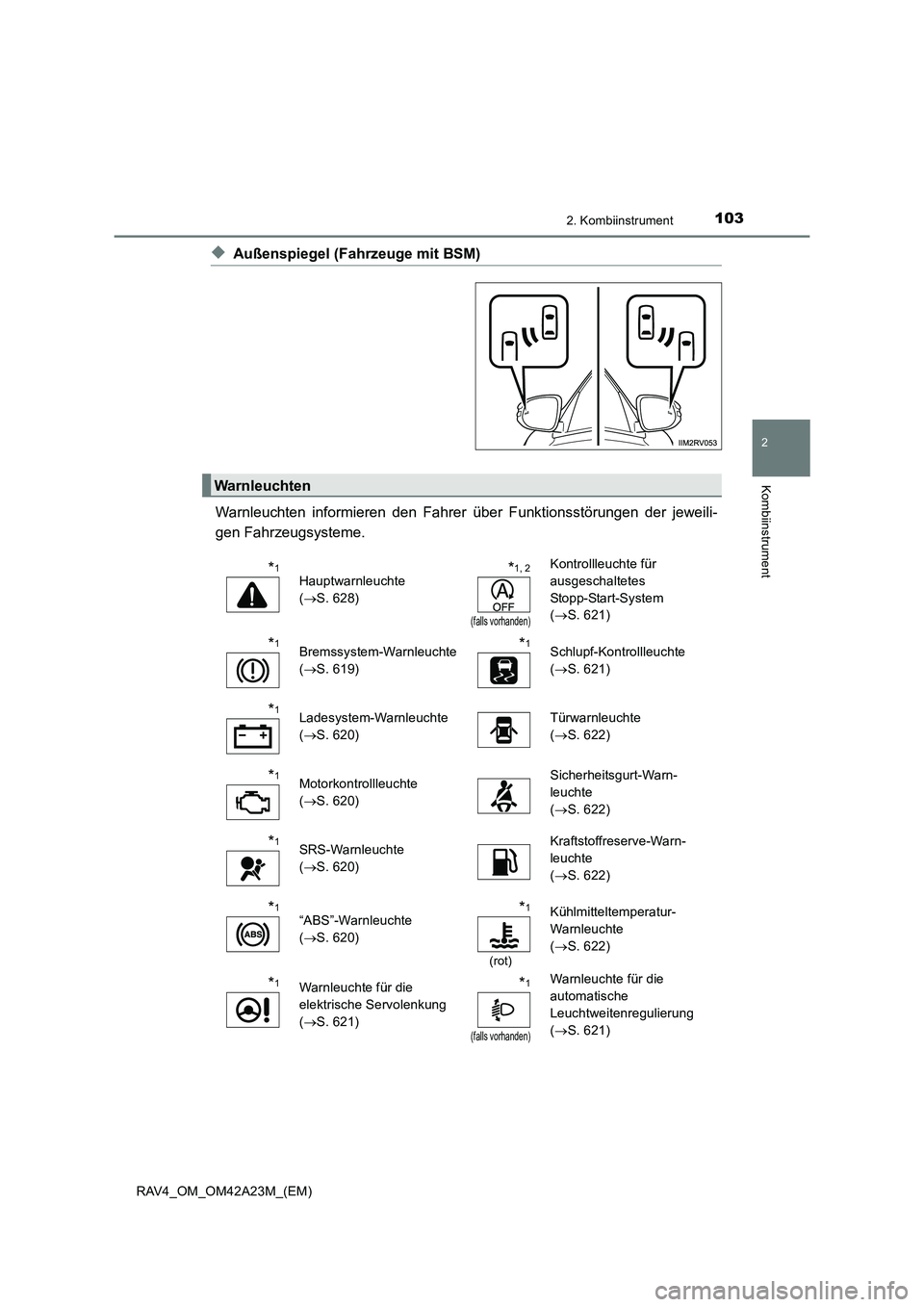 TOYOTA RAV4 2014 Betriebsanleitungen (in German) 1032. Kombiinstrument
2
Kombiinstrument
RAV4_OM_OM42A23M_(EM)
◆Außenspiegel (Fahrzeuge mit BSM)
Warnleuchten informieren den Fahrer über Funktionsstörungen der jeweili-
gen Fahrzeugsysteme.
Warn TOYOTA RAV4 2014 Betriebsanleitungen (in German) 1032. Kombiinstrument
2
Kombiinstrument
RAV4_OM_OM42A23M_(EM)
◆Außenspiegel (Fahrzeuge mit BSM)
Warnleuchten informieren den Fahrer über Funktionsstörungen der jeweili-
gen Fahrzeugsysteme.
Warn