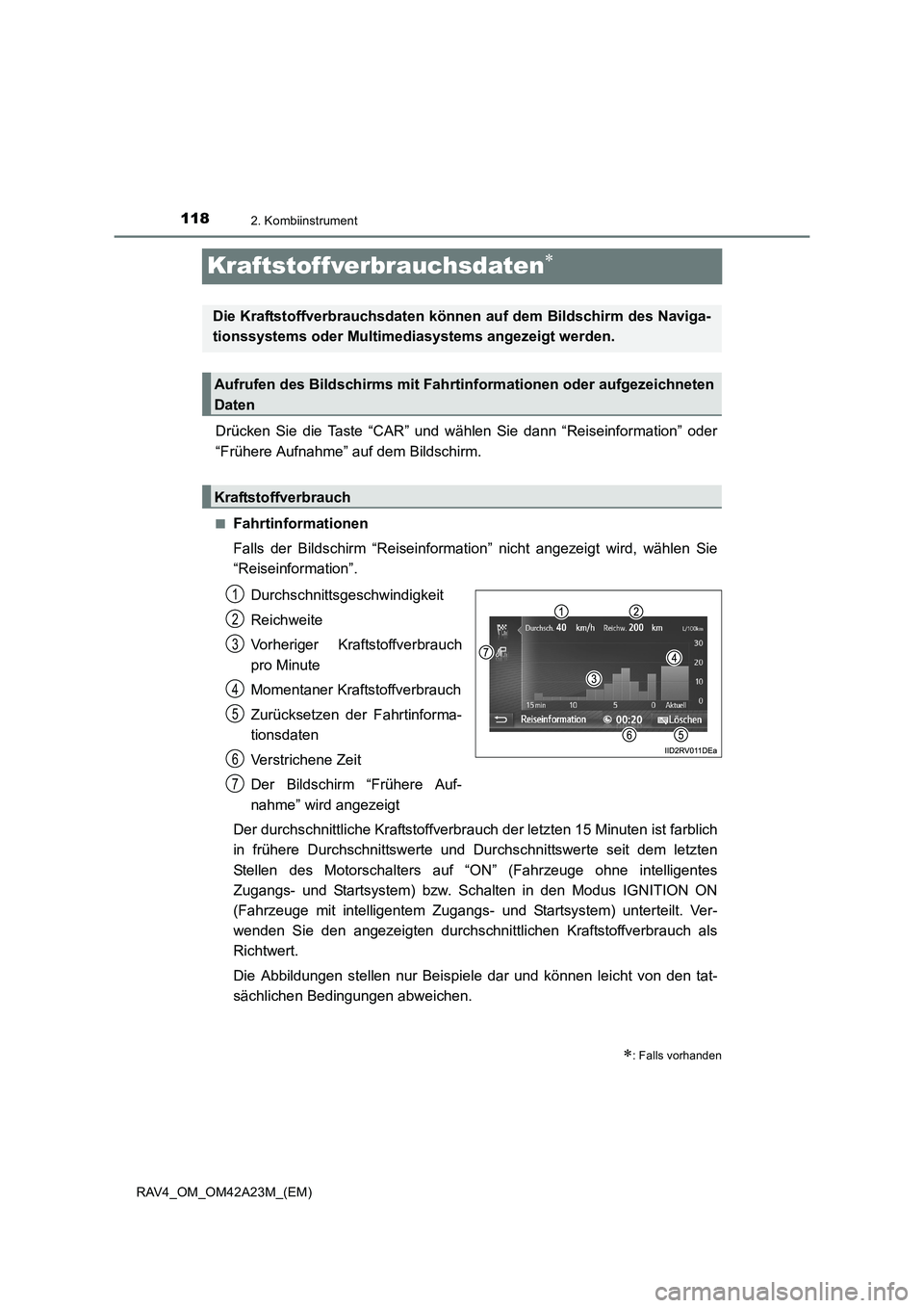 TOYOTA RAV4 2014  Betriebsanleitungen (in German) 1182. Kombiinstrument
RAV4_OM_OM42A23M_(EM)
Kraftstoffverbrauchsdaten∗
Drücken Sie die Taste “CAR” und wählen Sie dann “Reiseinformation” oder
“Frühere Aufnahme” auf dem Bildschirm.
