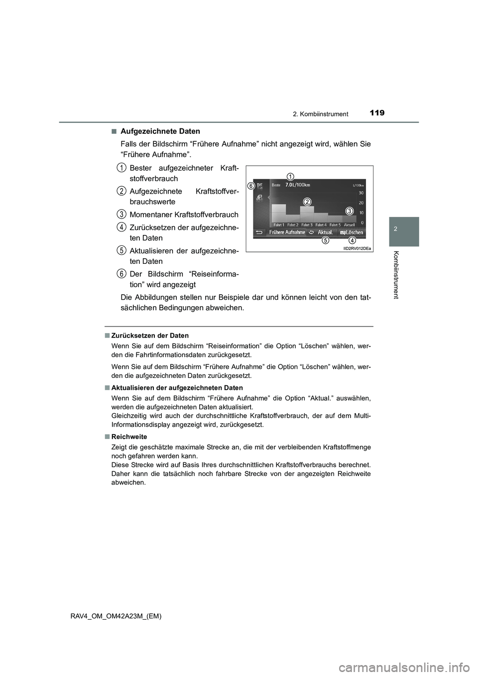 TOYOTA RAV4 2014  Betriebsanleitungen (in German) 1192. Kombiinstrument
2
Kombiinstrument
RAV4_OM_OM42A23M_(EM)■
Aufgezeichnete Daten
Falls der Bildschirm “Frühere Aufnahme” nicht angezeigt wird, wählen Sie
“Frühere Aufnahme”.
Bester auf