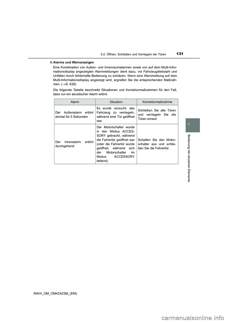 TOYOTA RAV4 2014 Betriebsanleitungen (in German) 1313-2. Öffnen, Schließen und Verriegeln der Türen
3
Bedienung der einzelnen Elemente
RAV4_OM_OM42A23M_(EM)■
Alarme und Warnanzeigen
Eine Kombination von Außen- und Innenraumalarmen sowie von au TOYOTA RAV4 2014 Betriebsanleitungen (in German) 1313-2. Öffnen, Schließen und Verriegeln der Türen
3
Bedienung der einzelnen Elemente
RAV4_OM_OM42A23M_(EM)■
Alarme und Warnanzeigen
Eine Kombination von Außen- und Innenraumalarmen sowie von au