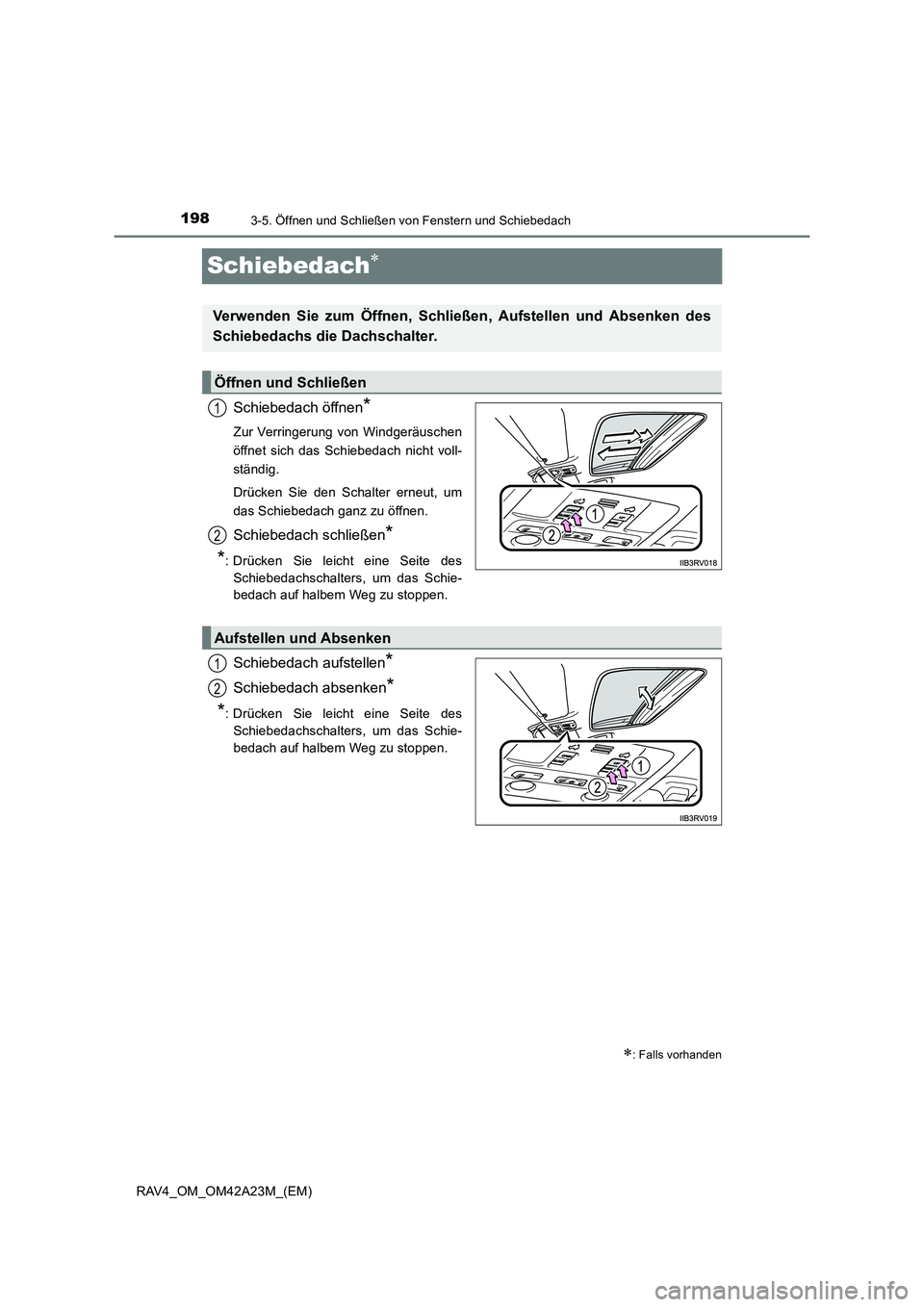 TOYOTA RAV4 2014  Betriebsanleitungen (in German) 1983-5. Öffnen und Schließen von Fenstern und Schiebedach
RAV4_OM_OM42A23M_(EM)
Schiebedach∗
Schiebedach öffnen*
Zur Verringerung von Windgeräuschen
öffnet sich das Schiebedach nicht voll-
stä