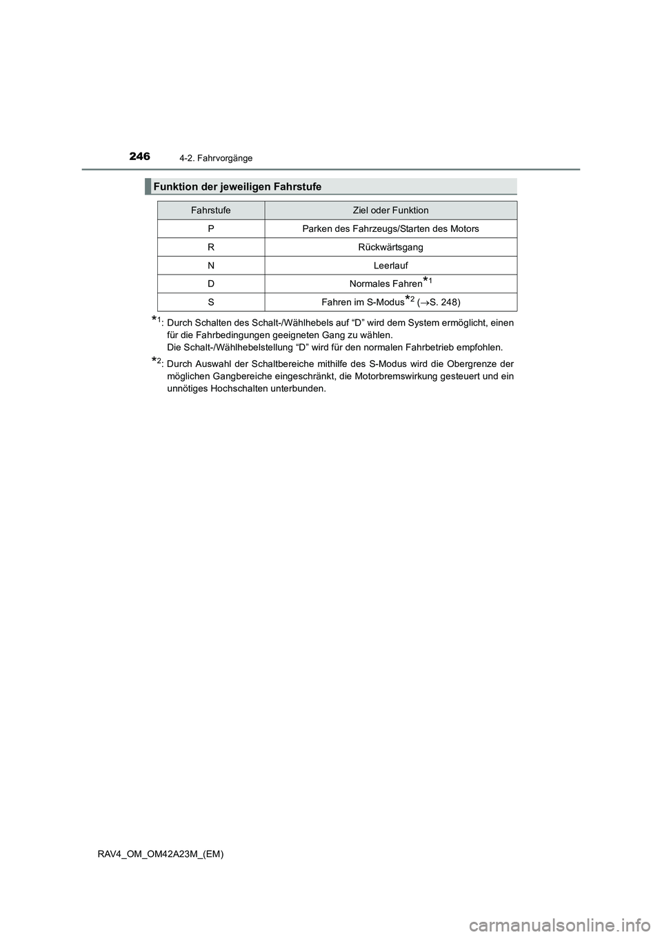 TOYOTA RAV4 2014  Betriebsanleitungen (in German) 2464-2. Fahrvorgänge
RAV4_OM_OM42A23M_(EM)
*1: Durch Schalten des Schalt-/Wählhebels auf “D” wird dem System ermöglicht, einenfür die Fahrbedingungen geeigneten Gang zu wählen. 
Die Schalt-/W