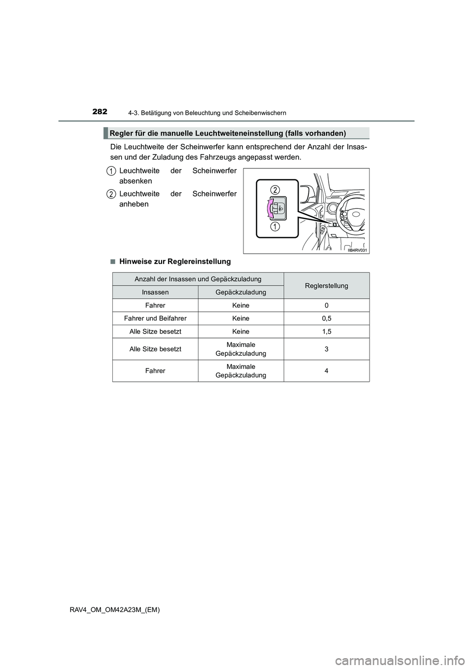 TOYOTA RAV4 2014  Betriebsanleitungen (in German) 2824-3. Betätigung von Beleuchtung und Scheibenwischern
RAV4_OM_OM42A23M_(EM)
Die Leuchtweite der Scheinwerfer kann entsprechend der Anzahl der Insas-
sen und der Zuladung des Fahrzeugs angepasst wer