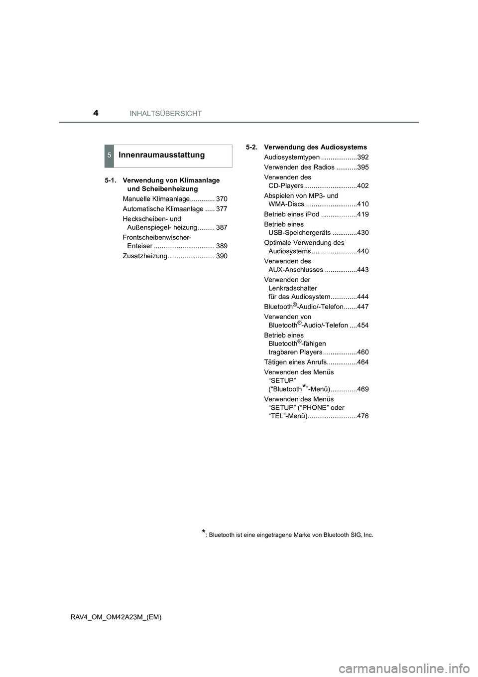 TOYOTA RAV4 2014 Betriebsanleitungen (in German) INHALTSÜBERSICHT4
RAV4_OM_OM42A23M_(EM)5-1. Verwendung von Klimaanlage
und Scheibenheizung
Manuelle Klimaanlage............. 370
Automatische Klimaanlage ..... 377
Heckscheiben- und Außenspiegel- TOYOTA RAV4 2014 Betriebsanleitungen (in German) INHALTSÜBERSICHT4
RAV4_OM_OM42A23M_(EM)5-1. Verwendung von Klimaanlage
und Scheibenheizung
Manuelle Klimaanlage............. 370
Automatische Klimaanlage ..... 377
Heckscheiben- und Außenspiegel-