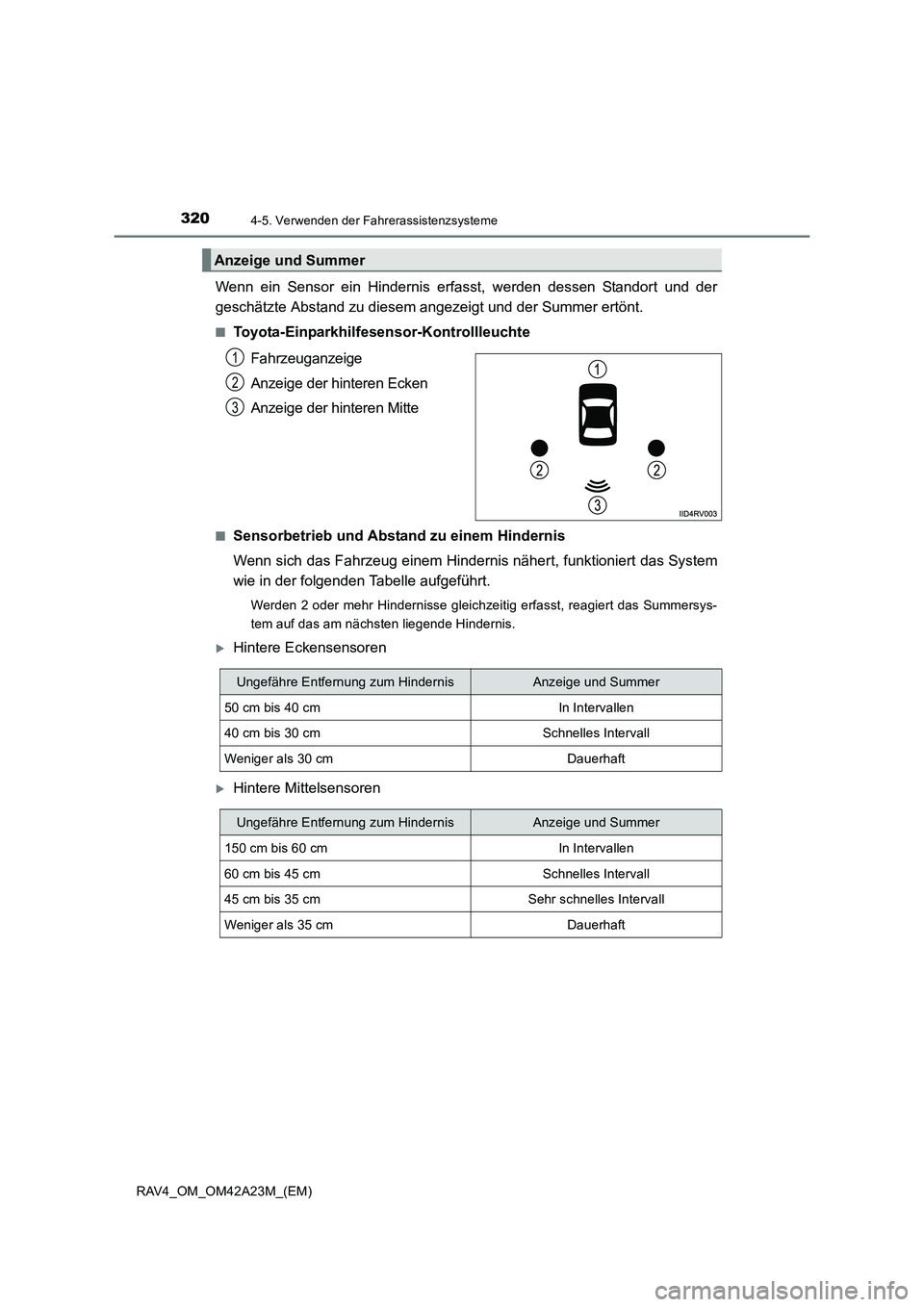 TOYOTA RAV4 2014 Betriebsanleitungen (in German) 3204-5. Verwenden der Fahrerassistenzsysteme
RAV4_OM_OM42A23M_(EM)
Wenn ein Sensor ein Hindernis erfasst, werden dessen Standort und der
geschätzte Abstand zu diesem angezeigt und der Summer ertönt. TOYOTA RAV4 2014 Betriebsanleitungen (in German) 3204-5. Verwenden der Fahrerassistenzsysteme
RAV4_OM_OM42A23M_(EM)
Wenn ein Sensor ein Hindernis erfasst, werden dessen Standort und der
geschätzte Abstand zu diesem angezeigt und der Summer ertönt.
