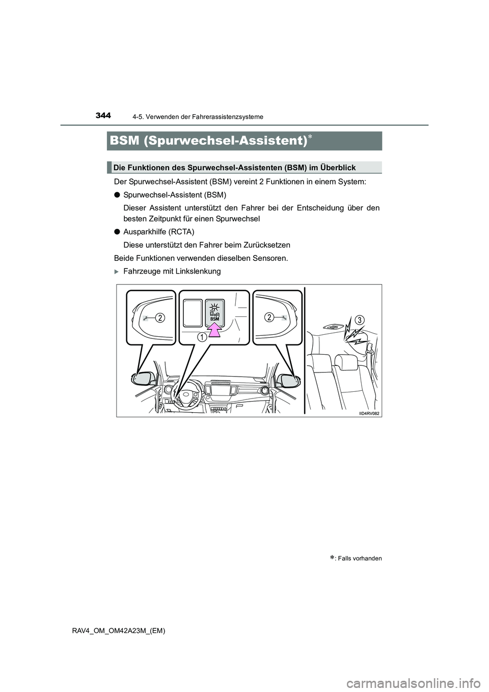 TOYOTA RAV4 2014  Betriebsanleitungen (in German) 3444-5. Verwenden der Fahrerassistenzsysteme
RAV4_OM_OM42A23M_(EM)
BSM (Spurwechsel-Assistent)∗
Der Spurwechsel-Assistent (BSM) vereint 2 Funktionen in einem System:
●Spurwechsel-Assistent (BSM)
D