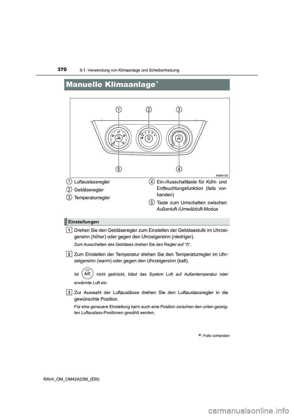 TOYOTA RAV4 2014  Betriebsanleitungen (in German) 3705-1. Verwendung von Klimaanlage und Scheibenheizung
RAV4_OM_OM42A23M_(EM)
Manuelle Klimaanlage∗
Drehen Sie den Gebläseregler zum Einstellen der Gebläsestufe im Uhrzei-
gersinn (höher) oder geg
