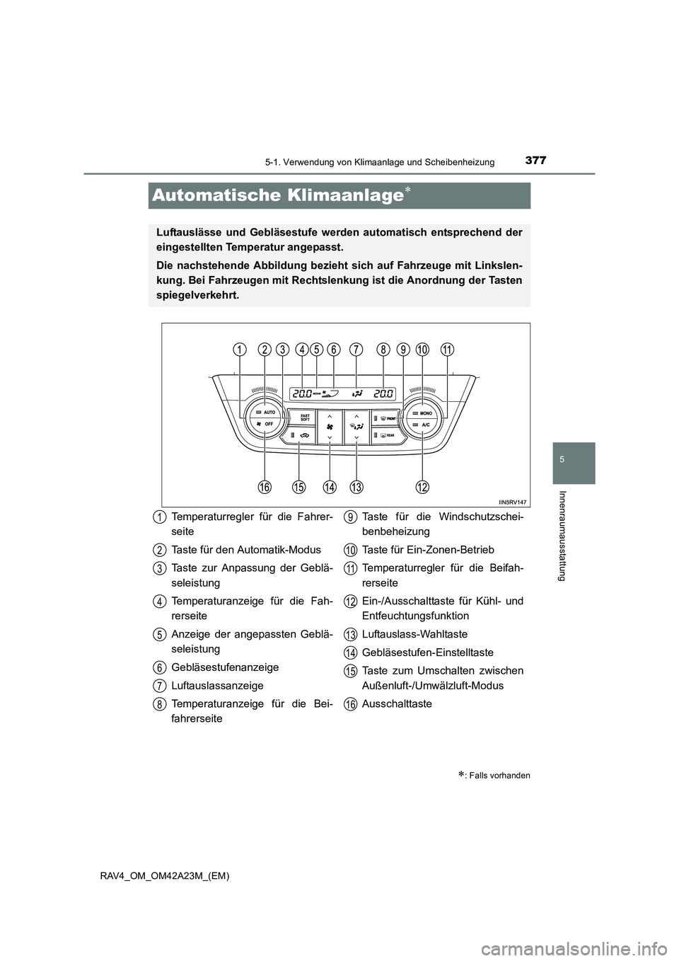 TOYOTA RAV4 2014 Betriebsanleitungen (in German) 377
5
5-1. Verwendung von Klimaanlage und Scheibenheizung
Innenraumausstattung
RAV4_OM_OM42A23M_(EM)
Automatische Klimaanlage∗∗
: Falls vorhanden
Luftauslässe und Gebläsestufe werden automatisch TOYOTA RAV4 2014 Betriebsanleitungen (in German) 377
5
5-1. Verwendung von Klimaanlage und Scheibenheizung
Innenraumausstattung
RAV4_OM_OM42A23M_(EM)
Automatische Klimaanlage∗∗
: Falls vorhanden
Luftauslässe und Gebläsestufe werden automatisch
