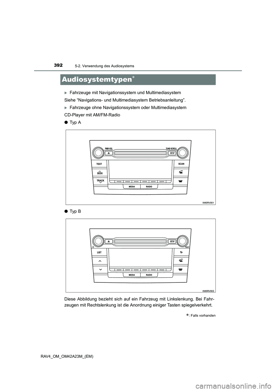 TOYOTA RAV4 2014  Betriebsanleitungen (in German) 3925-2. Verwendung des Audiosystems
RAV4_OM_OM42A23M_(EM)
Audiosystemtypen∗
�XFahrzeuge mit Navigationssystem und Multimediasystem
Siehe “Navigations- und Multimediasystem Betriebsanleitung”.
�X