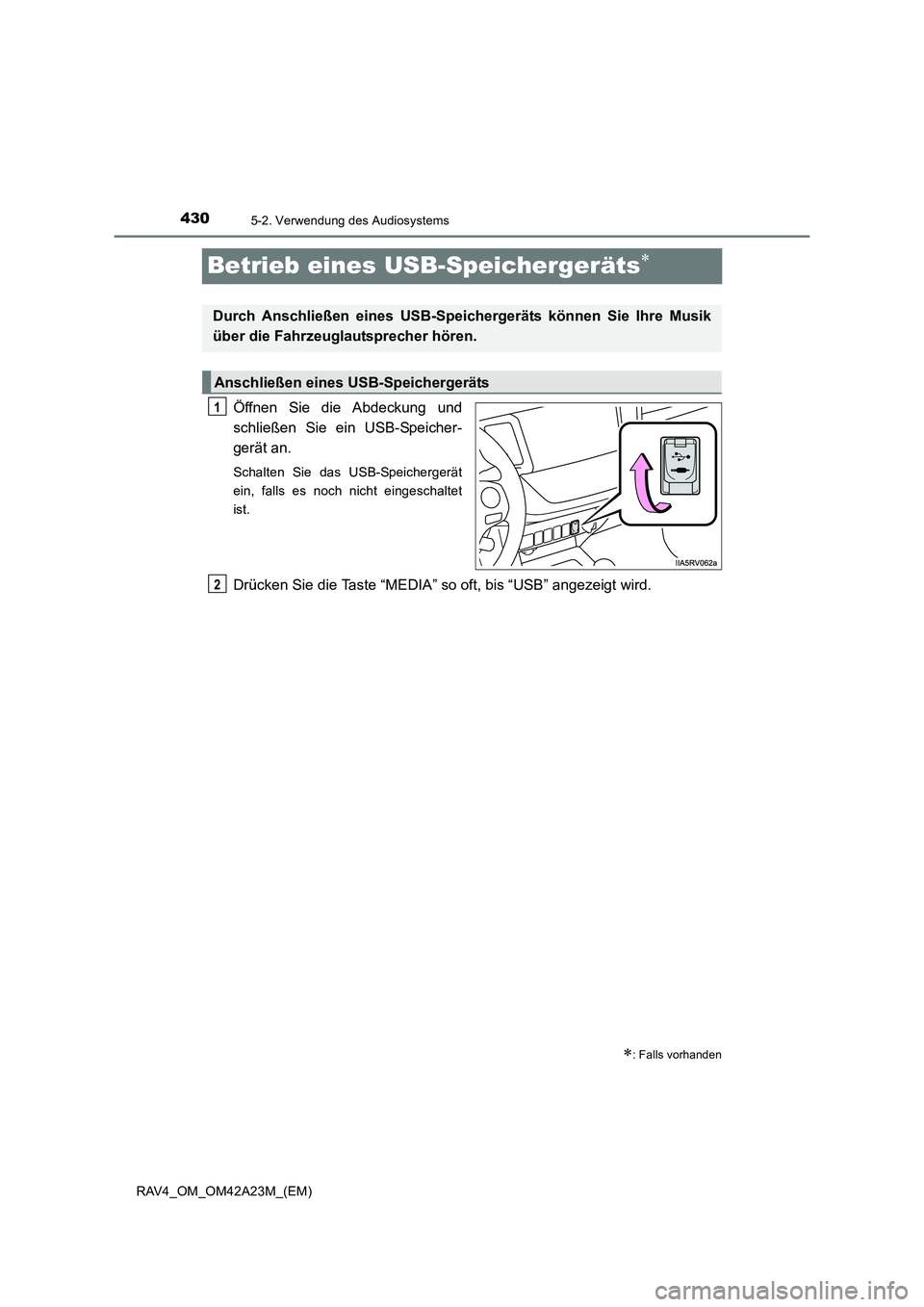 TOYOTA RAV4 2014  Betriebsanleitungen (in German) 4305-2. Verwendung des Audiosystems
RAV4_OM_OM42A23M_(EM)
Betrieb eines USB-Speichergeräts∗
Öffnen Sie die Abdeckung und
schließen Sie ein USB-Speicher-
gerät an.
Schalten Sie das USB-Speicherge