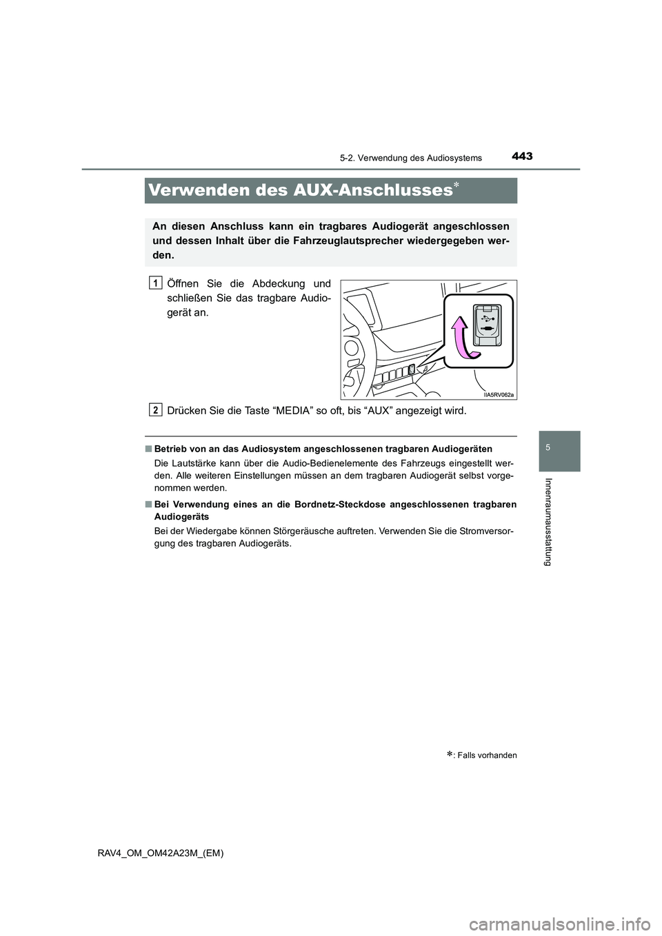 TOYOTA RAV4 2014  Betriebsanleitungen (in German) 443
5
5-2. Verwendung des Audiosystems
Innenraumausstattung
RAV4_OM_OM42A23M_(EM)
Verwenden des AUX-Anschlusses∗
Öffnen Sie die Abdeckung und
schließen Sie das tragbare Audio-
gerät an.
Drücken 