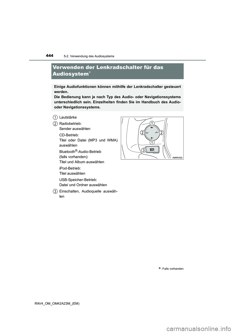 TOYOTA RAV4 2014  Betriebsanleitungen (in German) 4445-2. Verwendung des Audiosystems
RAV4_OM_OM42A23M_(EM)
Verwenden der Lenkradschalter für das 
Audiosystem
∗
Lautstärke
Radiobetrieb: 
Sender auswählen
CD-Betrieb: 
Titel oder Datei (MP3 und WM