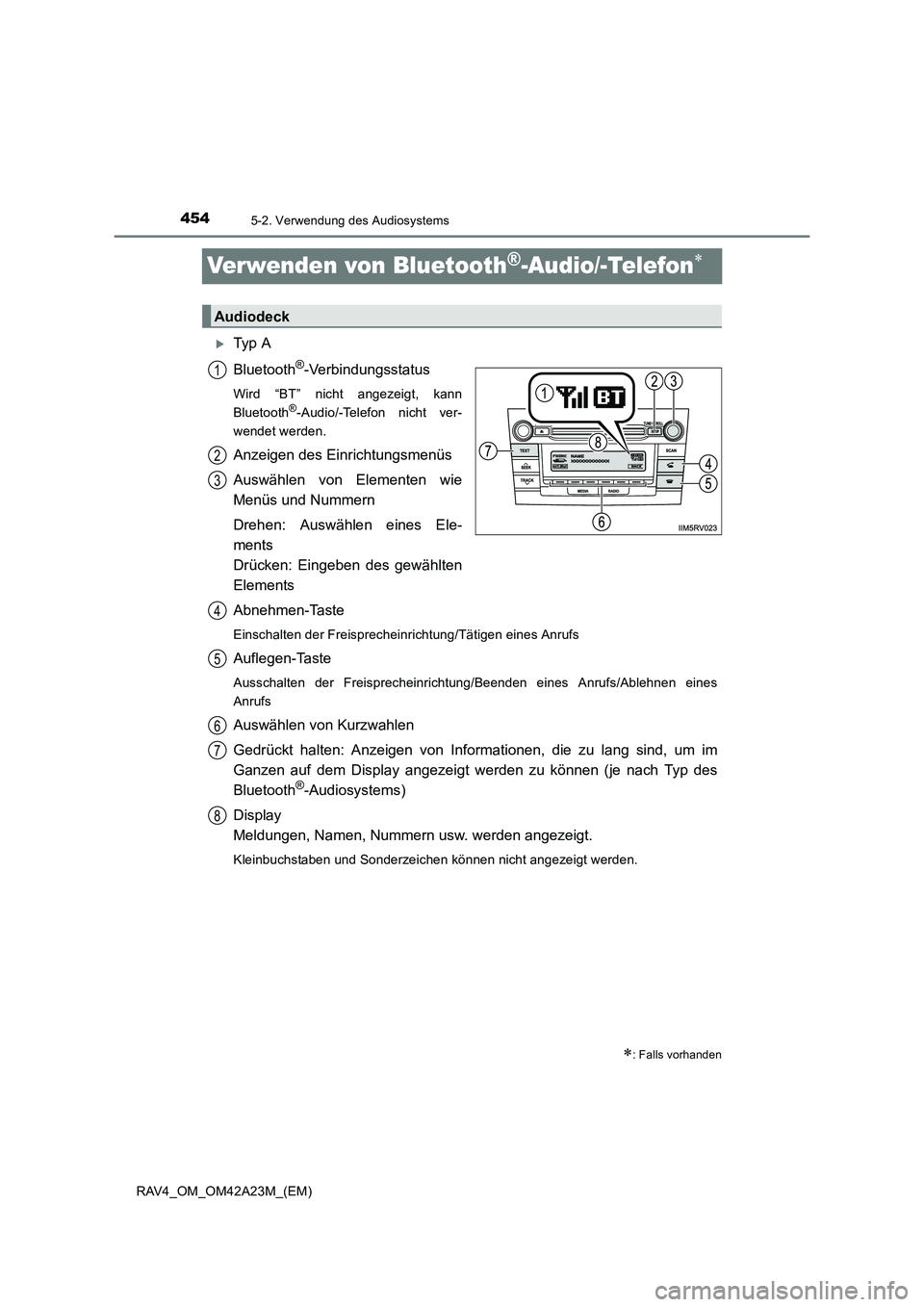 TOYOTA RAV4 2014  Betriebsanleitungen (in German) 4545-2. Verwendung des Audiosystems
RAV4_OM_OM42A23M_(EM)
Verwenden von Bluetooth®-Audio/-Telefon∗
�XTy p  A
Bluetooth
®-Verbindungsstatus
Wird “BT” nicht angezeigt, kann
Bluetooth®-Audio/-Te