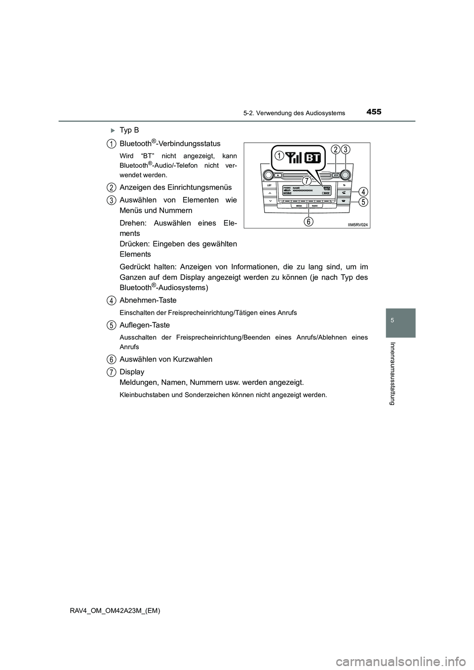 TOYOTA RAV4 2014  Betriebsanleitungen (in German) 4555-2. Verwendung des Audiosystems
5
Innenraumausstattung
RAV4_OM_OM42A23M_(EM)
�XTy p  B
Bluetooth
®-Verbindungsstatus
Wird “BT” nicht angezeigt, kann
Bluetooth®-Audio/-Telefon nicht ver-
wend