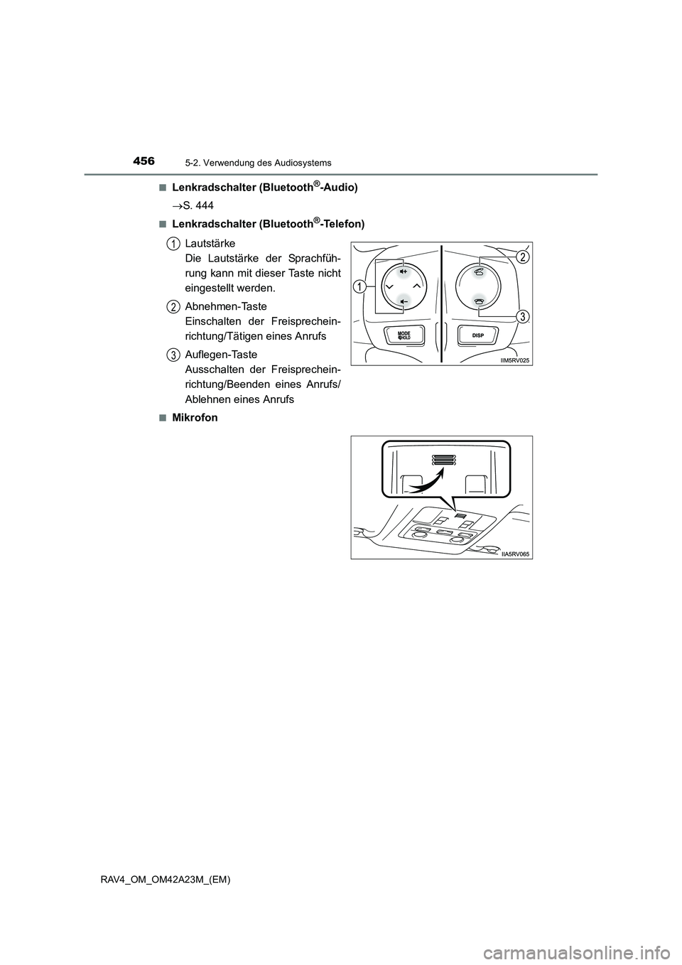 TOYOTA RAV4 2014  Betriebsanleitungen (in German) 4565-2. Verwendung des Audiosystems
RAV4_OM_OM42A23M_(EM)■
Lenkradschalter (Bluetooth®-Audio)
→ S. 444
■Lenkradschalter (Bluetooth®-Telefon)
Lautstärke 
Die Lautstärke der Sprachfüh-
rung k