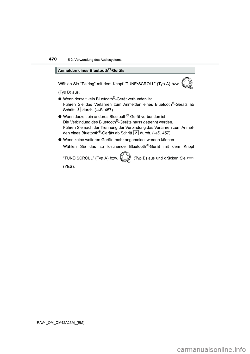 TOYOTA RAV4 2014  Betriebsanleitungen (in German) 4705-2. Verwendung des Audiosystems
RAV4_OM_OM42A23M_(EM)
Wählen Sie “Pairing” mit dem Knopf “TUNE•SCROLL” (Typ A) bzw. 
(Typ B) aus.
●Wenn derzeit kein Bluetooth
®-Gerät verbunden ist 