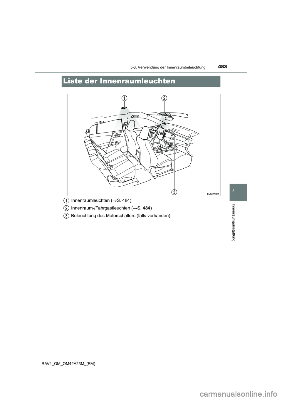 TOYOTA RAV4 2014  Betriebsanleitungen (in German) 483
5
5-3. Verwendung der Innenraumbeleuchtung
Innenraumausstattung
RAV4_OM_OM42A23M_(EM)
Liste der Innenraumleuchten
Innenraumleuchten (→S. 484)
Innenraum-/Fahrgastleuchten ( →S. 484)
Beleuchtung