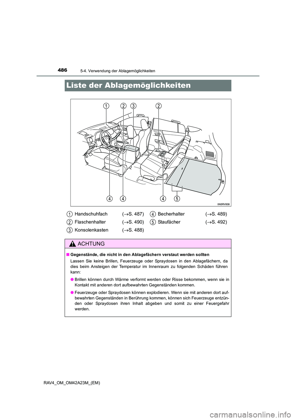 TOYOTA RAV4 2014  Betriebsanleitungen (in German) 4865-4. Verwendung der Ablagemöglichkeiten
RAV4_OM_OM42A23M_(EM)
Liste der Ablagemöglichkeiten
Handschuhfach  (→S. 487)
Flaschenhalter ( →S. 490)
Konsolenkasten  ( →S. 488) Becherhalter (
→S