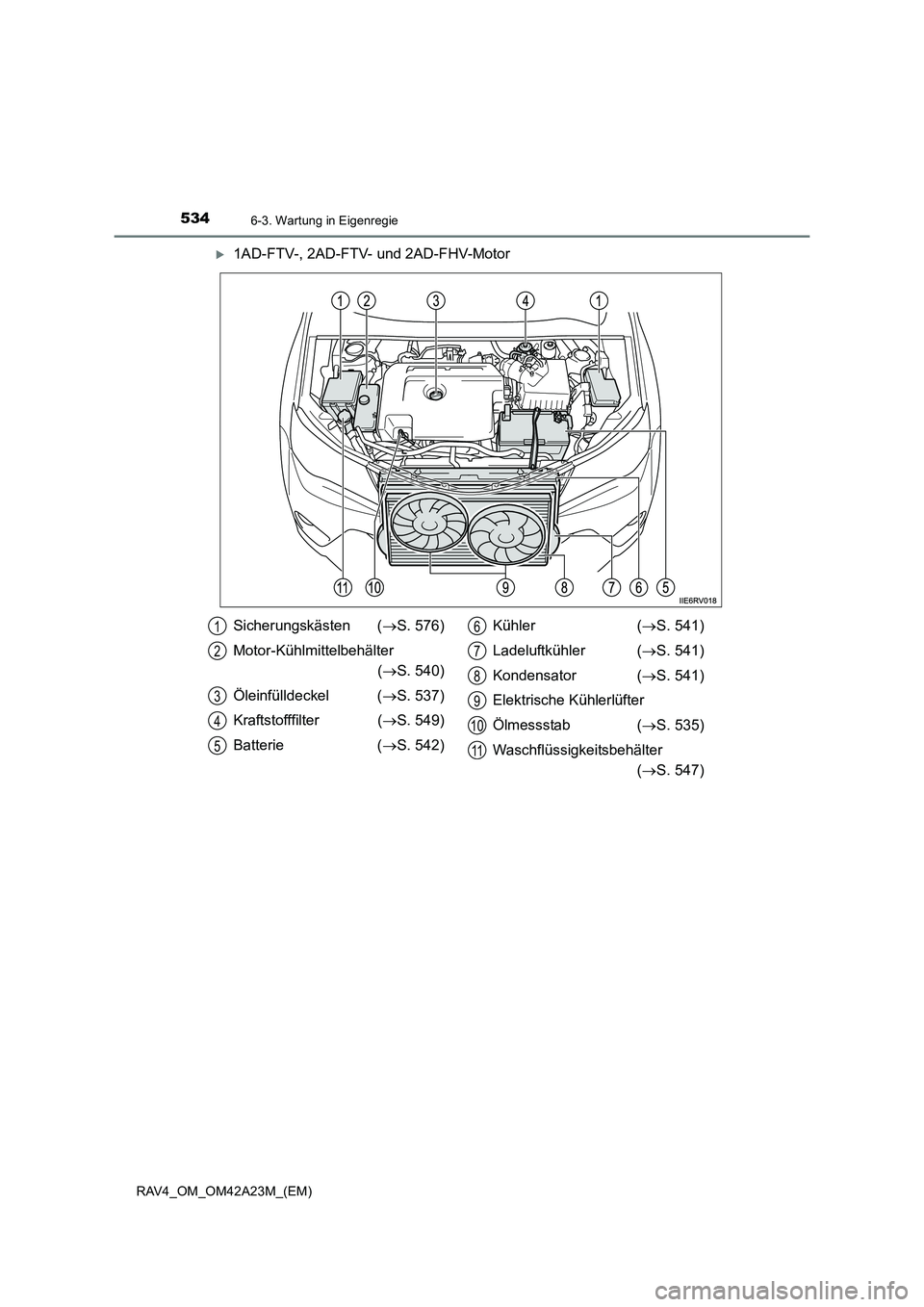 TOYOTA RAV4 2014  Betriebsanleitungen (in German) 5346-3. Wartung in Eigenregie
RAV4_OM_OM42A23M_(EM)
�X1AD-FTV-, 2AD-FTV- und 2AD-FHV-Motor
Sicherungskästen (→S. 576)
Motor-Kühlmittelbehälter  (→ S. 540)
Öleinfülldeckel ( →S. 537)
Kraftst