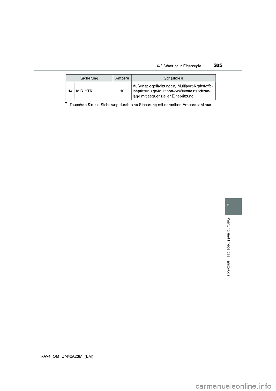 TOYOTA RAV4 2014 Betriebsanleitungen (in German) 5856-3. Wartung in Eigenregie
6
Wartung und Pflege des Fahrzeugs
RAV4_OM_OM42A23M_(EM)
*: Tauschen Sie die Sicherung durch eine Sicherung mit derselben Amperezahl aus.
14MIR HTR10
Außenspiegelheizung TOYOTA RAV4 2014 Betriebsanleitungen (in German) 5856-3. Wartung in Eigenregie
6
Wartung und Pflege des Fahrzeugs
RAV4_OM_OM42A23M_(EM)
*: Tauschen Sie die Sicherung durch eine Sicherung mit derselben Amperezahl aus.
14MIR HTR10
Außenspiegelheizung