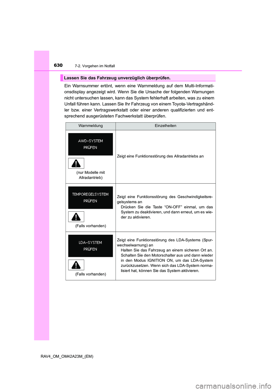 TOYOTA RAV4 2014 Betriebsanleitungen (in German) 6307-2. Vorgehen im Notfall
RAV4_OM_OM42A23M_(EM)
Ein Warnsummer ertönt, wenn eine Warnmeldung auf dem Multi-Informati-
onsdisplay angezeigt wird. Wenn Sie die Ursache der folgenden Warnungen
nicht u TOYOTA RAV4 2014 Betriebsanleitungen (in German) 6307-2. Vorgehen im Notfall
RAV4_OM_OM42A23M_(EM)
Ein Warnsummer ertönt, wenn eine Warnmeldung auf dem Multi-Informati-
onsdisplay angezeigt wird. Wenn Sie die Ursache der folgenden Warnungen
nicht u
