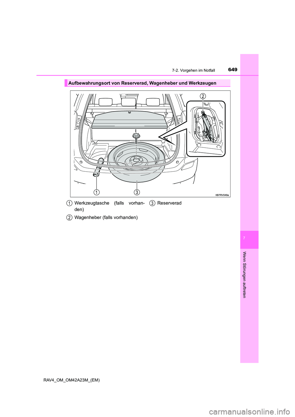 TOYOTA RAV4 2014 Betriebsanleitungen (in German) 6497-2. Vorgehen im Notfall
7
Wenn Störungen auftreten
RAV4_OM_OM42A23M_(EM)
Aufbewahrungsort von Reserverad, Wagenheber und Werkzeugen
Werkzeugtasche (falls vorhan-
den)
Wagenheber (falls vorhanden) TOYOTA RAV4 2014 Betriebsanleitungen (in German) 6497-2. Vorgehen im Notfall
7
Wenn Störungen auftreten
RAV4_OM_OM42A23M_(EM)
Aufbewahrungsort von Reserverad, Wagenheber und Werkzeugen
Werkzeugtasche (falls vorhan-
den)
Wagenheber (falls vorhanden)