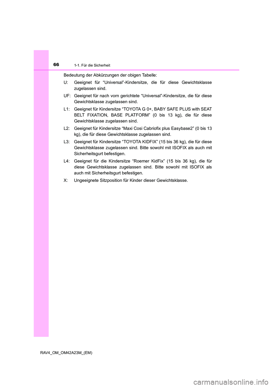 TOYOTA RAV4 2014 Betriebsanleitungen (in German) 661-1. Für die Sicherheit
RAV4_OM_OM42A23M_(EM)
Bedeutung der Abkürzungen der obigen Tabelle:
U: Geeignet für “Universal”-Kindersitze, die für diese Gewichtsklassezugelassen sind.
UF: Geeignet TOYOTA RAV4 2014 Betriebsanleitungen (in German) 661-1. Für die Sicherheit
RAV4_OM_OM42A23M_(EM)
Bedeutung der Abkürzungen der obigen Tabelle:
U: Geeignet für “Universal”-Kindersitze, die für diese Gewichtsklassezugelassen sind.
UF: Geeignet