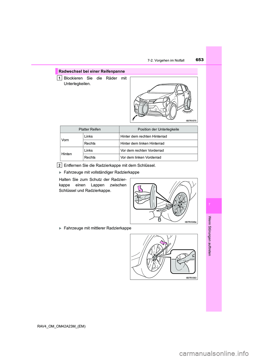 TOYOTA RAV4 2014  Betriebsanleitungen (in German) 6537-2. Vorgehen im Notfall
7
Wenn Störungen auftreten
RAV4_OM_OM42A23M_(EM)
Blockieren Sie die Räder mit
Unterlegkeilen.
Entfernen Sie die Radzierkappe mit dem Schlüssel.
�XFahrzeuge mit vollstän