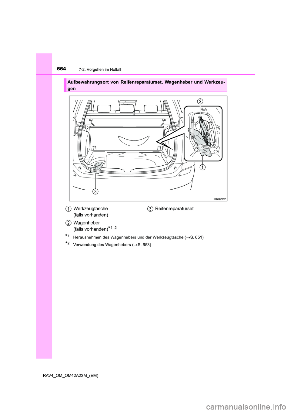 TOYOTA RAV4 2014 Betriebsanleitungen (in German) 6647-2. Vorgehen im Notfall
RAV4_OM_OM42A23M_(EM)
*1: Herausnehmen des Wagenhebers und der Werkzeugtasche (→S. 651)
*2: Verwendung des Wagenhebers ( →S. 653)
Aufbewahrungsort von Reifenreparatur TOYOTA RAV4 2014 Betriebsanleitungen (in German) 6647-2. Vorgehen im Notfall
RAV4_OM_OM42A23M_(EM)
*1: Herausnehmen des Wagenhebers und der Werkzeugtasche (→S. 651)
*2: Verwendung des Wagenhebers ( →S. 653)
Aufbewahrungsort von Reifenreparatur
