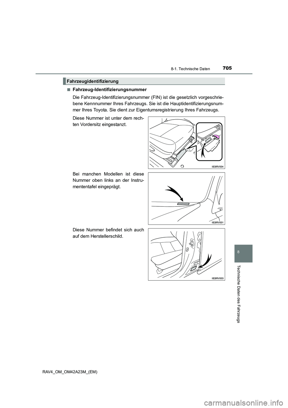 TOYOTA RAV4 2014  Betriebsanleitungen (in German) 705
8
8-1. Technische Daten
Technische Daten des Fahrzeugs
RAV4_OM_OM42A23M_(EM)■
Fahrzeug-Identifizierungsnummer
Die Fahrzeug-Identifizierungsnummer (FIN) ist die gesetzlich vorgeschrie-
bene Kennn