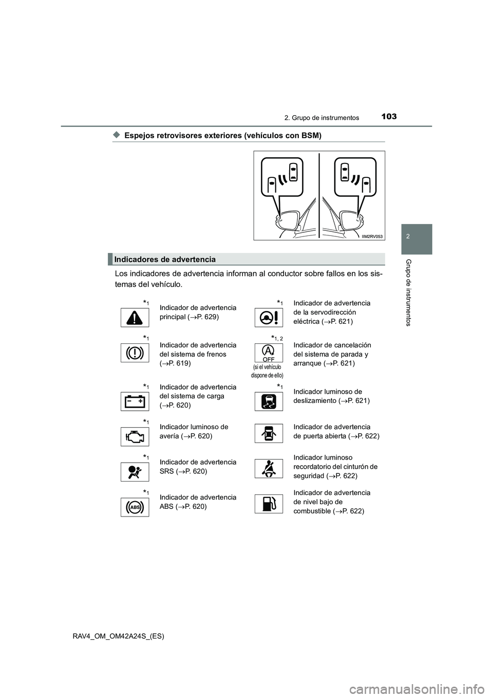 TOYOTA RAV4 2014 Manual del propietario (in Spanish) 1032. Grupo de instrumentos
2
Grupo de instrumentos
RAV4_OM_OM42A24S_(ES)
◆Espejos retrovisores exteriores (vehículos con BSM)
Los indicadores de advertencia informan al conductor sobre fallos en l TOYOTA RAV4 2014 Manual del propietario (in Spanish) 1032. Grupo de instrumentos
2
Grupo de instrumentos
RAV4_OM_OM42A24S_(ES)
◆Espejos retrovisores exteriores (vehículos con BSM)
Los indicadores de advertencia informan al conductor sobre fallos en l
