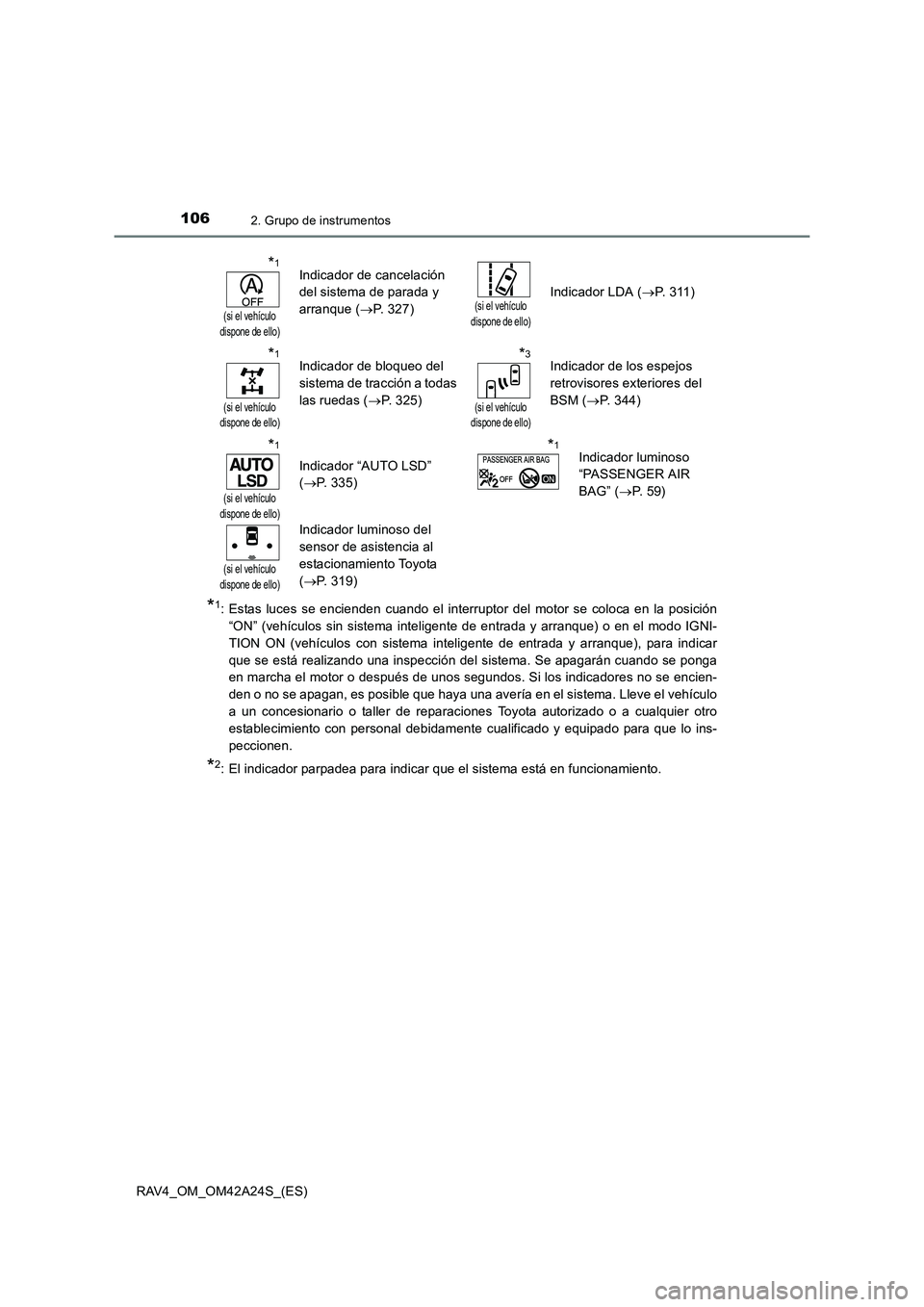 TOYOTA RAV4 2014 Manual del propietario (in Spanish) 1062. Grupo de instrumentos
RAV4_OM_OM42A24S_(ES)
*1: Estas luces se encienden cuando el interruptor del motor se coloca en la posición“ON” (vehículos sin sistema inteligente de entrada y arranq TOYOTA RAV4 2014 Manual del propietario (in Spanish) 1062. Grupo de instrumentos
RAV4_OM_OM42A24S_(ES)
*1: Estas luces se encienden cuando el interruptor del motor se coloca en la posición“ON” (vehículos sin sistema inteligente de entrada y arranq