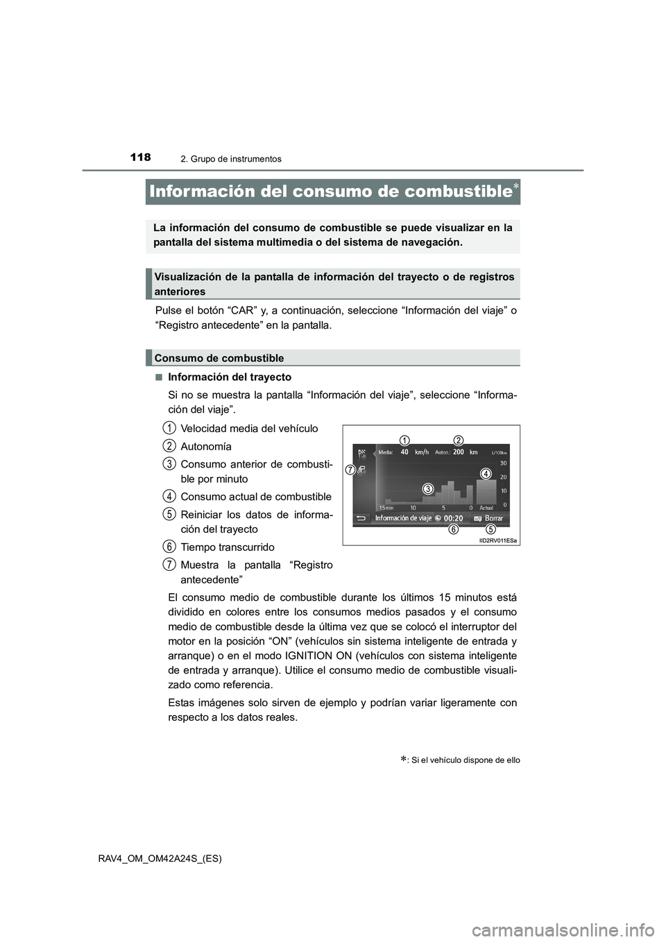 TOYOTA RAV4 2014 Manual del propietario (in Spanish) 1182. Grupo de instrumentos
RAV4_OM_OM42A24S_(ES)
Información del consumo de combustible∗
Pulse el botón “CAR” y, a continuación, seleccione “Información del viaje” o
“Registro anteced TOYOTA RAV4 2014 Manual del propietario (in Spanish) 1182. Grupo de instrumentos
RAV4_OM_OM42A24S_(ES)
Información del consumo de combustible∗
Pulse el botón “CAR” y, a continuación, seleccione “Información del viaje” o
“Registro anteced