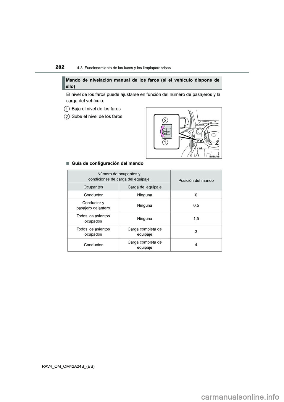 TOYOTA RAV4 2014  Manual del propietario (in Spanish) 2824-3. Funcionamiento de las luces y los limpiaparabrisas
RAV4_OM_OM42A24S_(ES)
El nivel de los faros puede ajustarse en función del número de pasajeros y la
carga del vehículo.Baja el nivel de lo