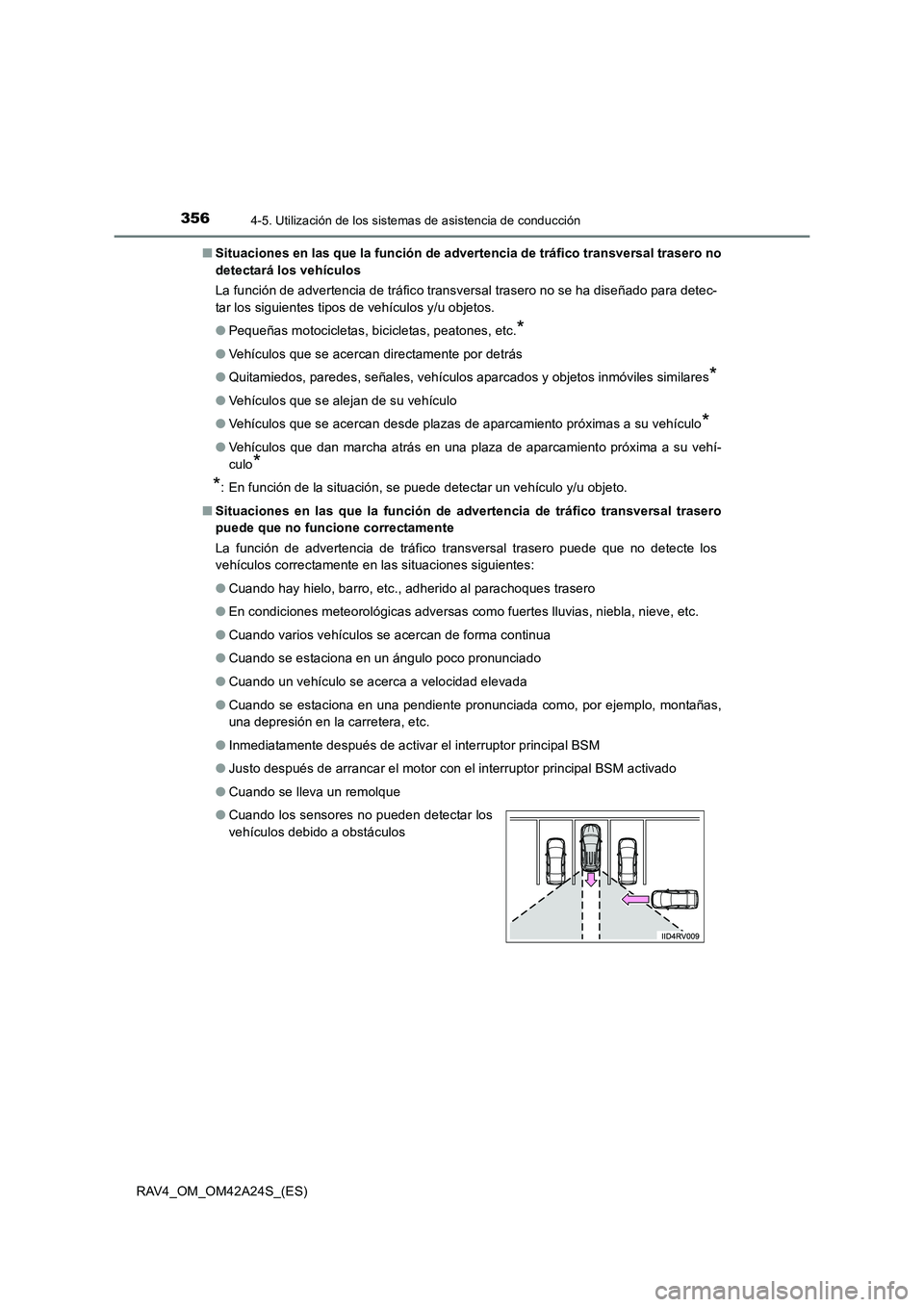 TOYOTA RAV4 2014  Manual del propietario (in Spanish) 3564-5. Utilización de los sistemas de asistencia de conducción
RAV4_OM_OM42A24S_(ES)■
Situaciones en las que la función de advertencia de tráfico transversal trasero no
detectará los vehículo