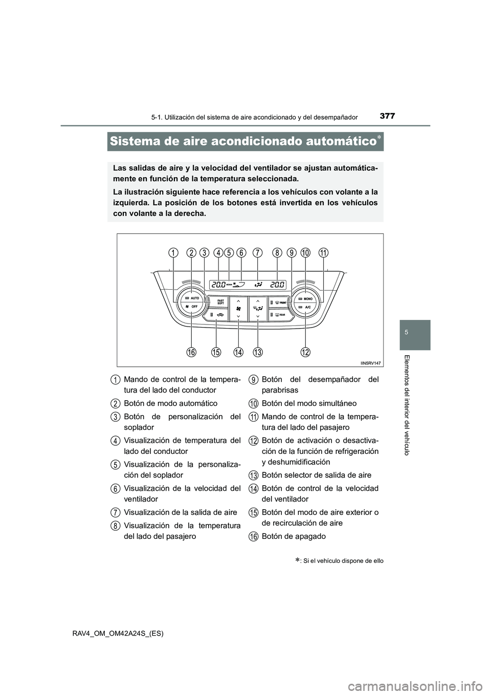 TOYOTA RAV4 2014  Manual del propietario (in Spanish) 377
5
5-1. Utilización del sistema de aire acondicionado y del desempañador
Elementos del interior del vehículo
RAV4_OM_OM42A24S_(ES)
Sistema de aire acondicionado automático∗
∗: Si el vehícu