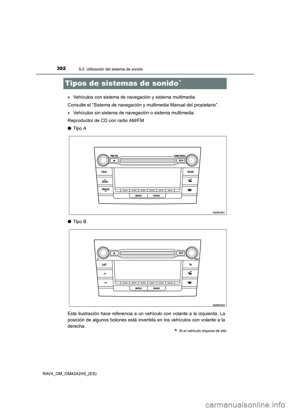 TOYOTA RAV4 2014  Manual del propietario (in Spanish) 3925-2. Utilización del sistema de sonido
RAV4_OM_OM42A24S_(ES)
Tipos de sistemas de sonido∗
�XVehículos con sistema de navegación y sistema multimedia
Consulte el “Sistema de navegación  y mu
