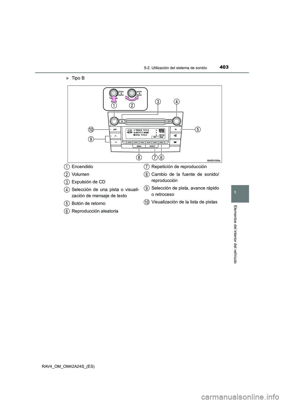 TOYOTA RAV4 2014  Manual del propietario (in Spanish) 4035-2. Utilización del sistema de sonido
5
Elementos del interior del vehículo
RAV4_OM_OM42A24S_(ES)
�XTipo B
Encendido
Volumen
Expulsión de CD
Selección de una pista o visuali-
zación de mensaj