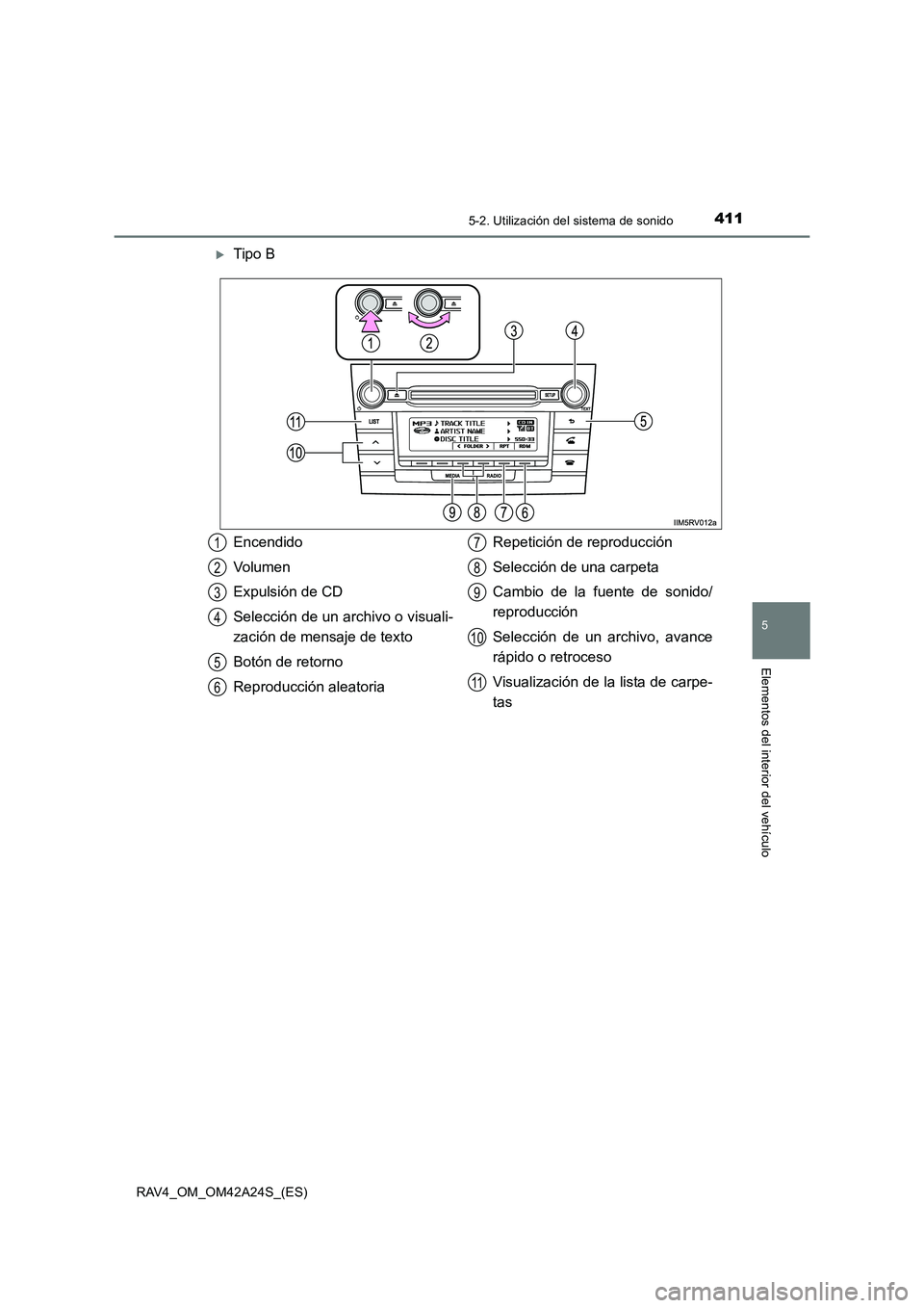 TOYOTA RAV4 2014  Manual del propietario (in Spanish) 4115-2. Utilización del sistema de sonido
5
Elementos del interior del vehículo
RAV4_OM_OM42A24S_(ES)
�XTipo B
Encendido
Volumen
Expulsión de CD
Selección de un archivo o visuali-
zación de mensa