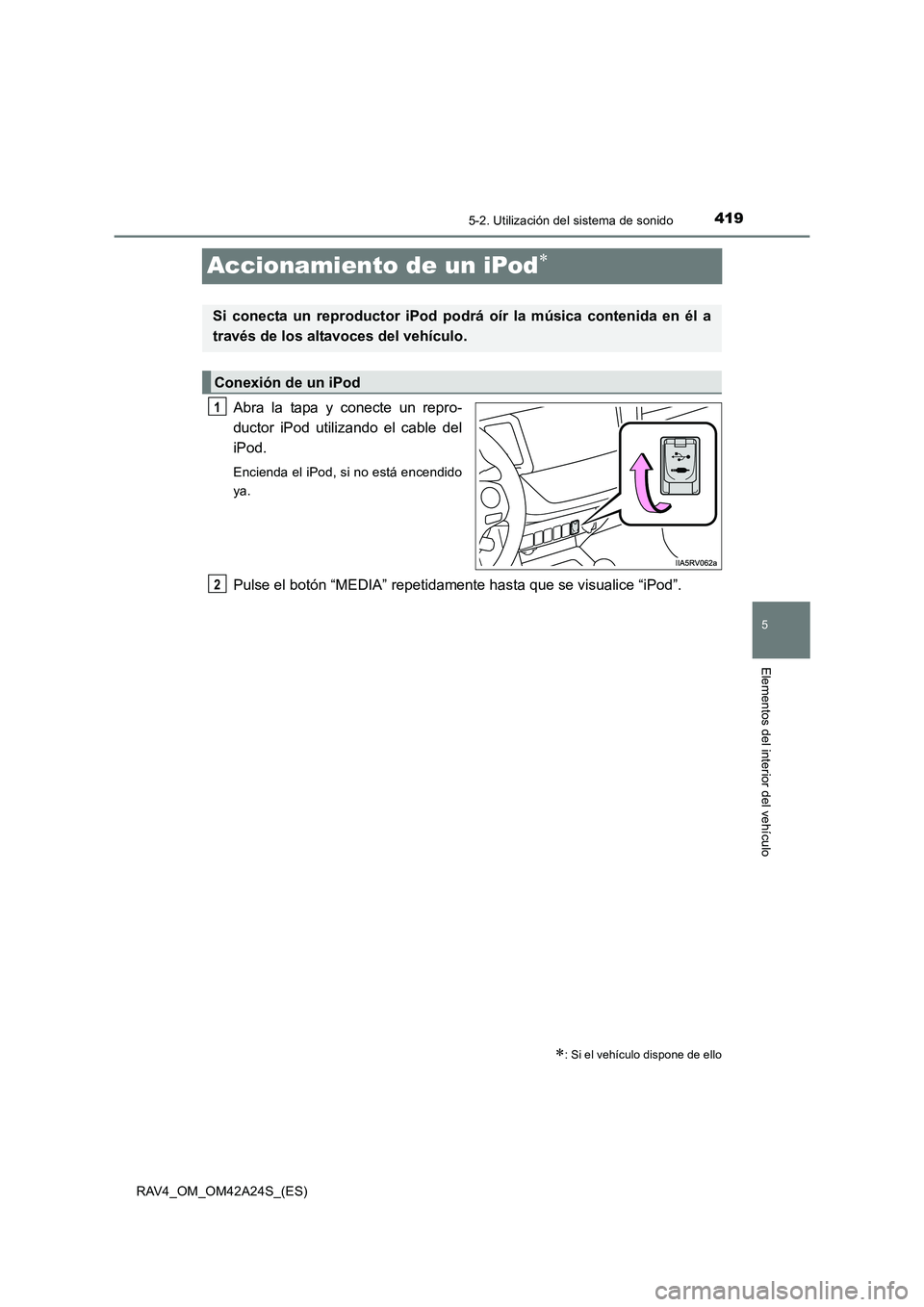 TOYOTA RAV4 2014  Manual del propietario (in Spanish) 419
5
5-2. Utilización del sistema de sonido
Elementos del interior del vehículo
RAV4_OM_OM42A24S_(ES)
Accionamiento de un iPod∗
Abra la tapa y conecte un repro-
ductor iPod utilizando el cable de