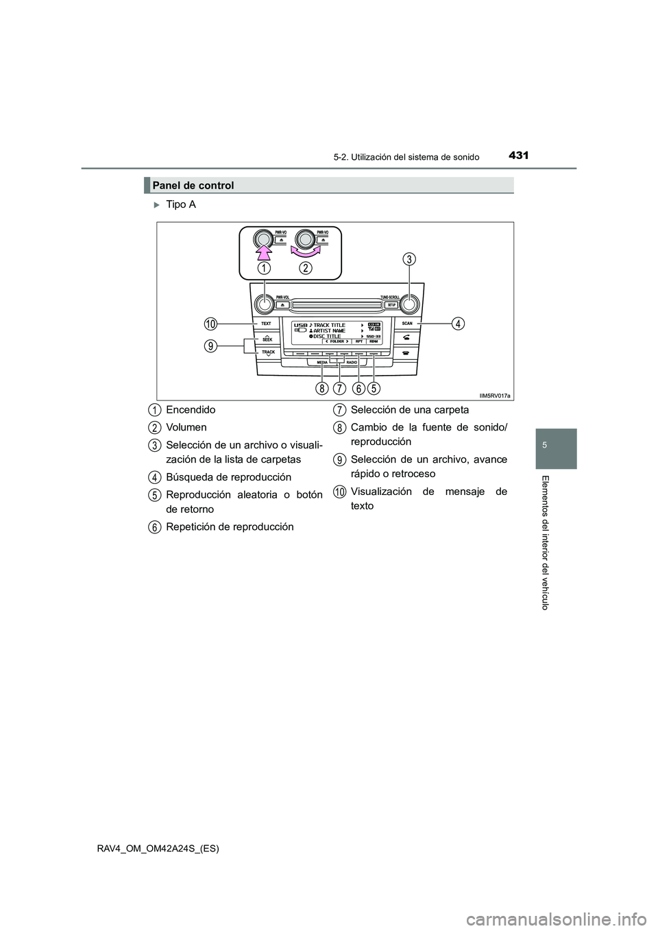 TOYOTA RAV4 2014  Manual del propietario (in Spanish) 4315-2. Utilización del sistema de sonido
5
Elementos del interior del vehículo
RAV4_OM_OM42A24S_(ES)
�XTipo A
Panel de control
Encendido
Volumen
Selección de un archivo o visuali-
zación de la li