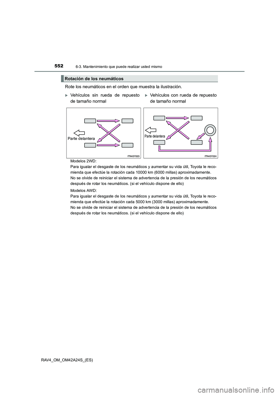 TOYOTA RAV4 2014  Manual del propietario (in Spanish) 5526-3. Mantenimiento que puede realizar usted mismo
RAV4_OM_OM42A24S_(ES)
Rote los neumáticos en el orden que muestra la ilustración. 
Modelos 2WD: 
Para igualar el desgaste de los neumáticos y au TOYOTA RAV4 2014  Manual del propietario (in Spanish) 5526-3. Mantenimiento que puede realizar usted mismo
RAV4_OM_OM42A24S_(ES)
Rote los neumáticos en el orden que muestra la ilustración. 
Modelos 2WD: 
Para igualar el desgaste de los neumáticos y au