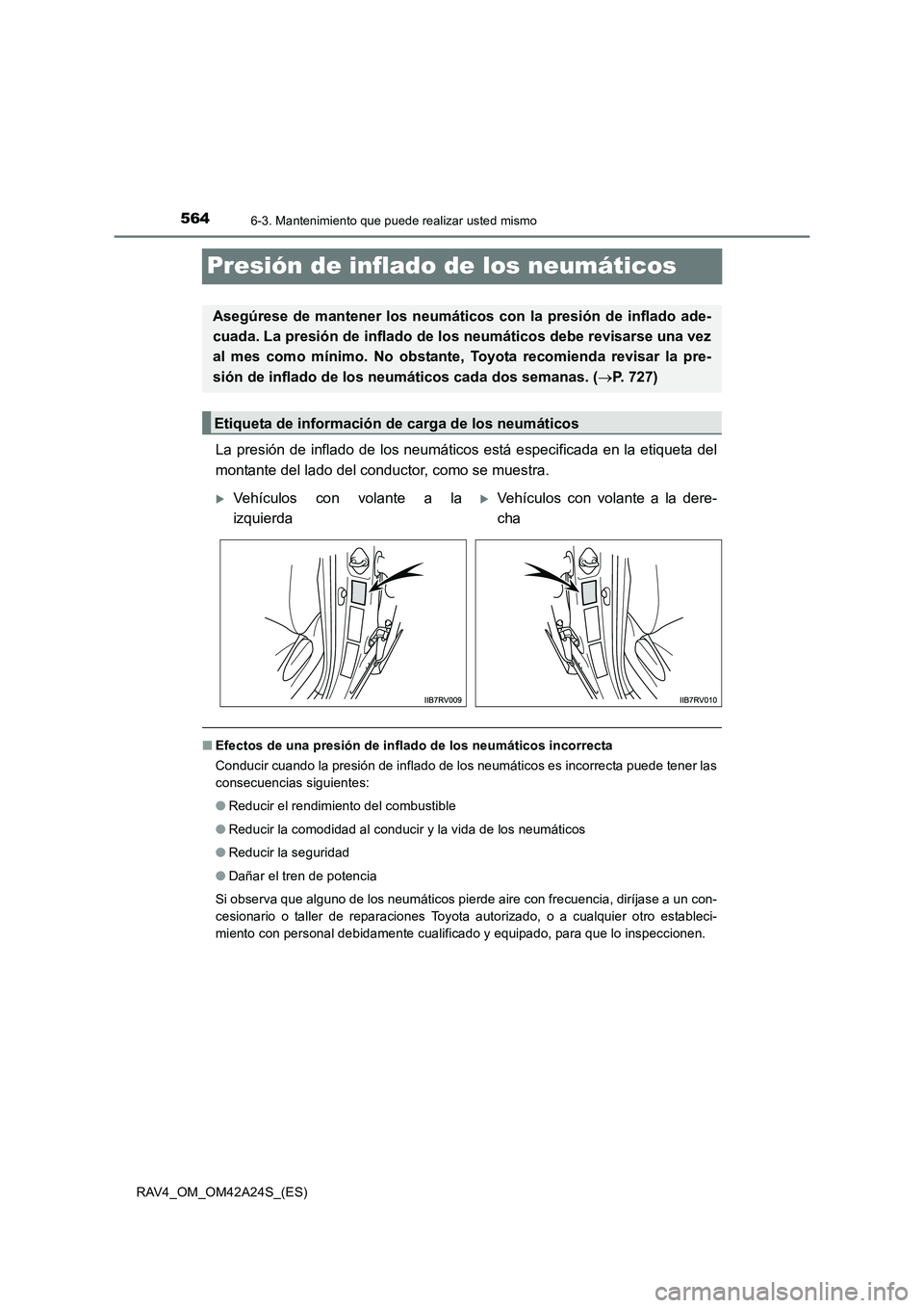 TOYOTA RAV4 2014 Manual del propietario (in Spanish) 5646-3. Mantenimiento que puede realizar usted mismo
RAV4_OM_OM42A24S_(ES)
Presión de inflado de los neumáticos
La presión de inflado de los neumáticos está especificada en la etiqueta del
montan TOYOTA RAV4 2014 Manual del propietario (in Spanish) 5646-3. Mantenimiento que puede realizar usted mismo
RAV4_OM_OM42A24S_(ES)
Presión de inflado de los neumáticos
La presión de inflado de los neumáticos está especificada en la etiqueta del
montan