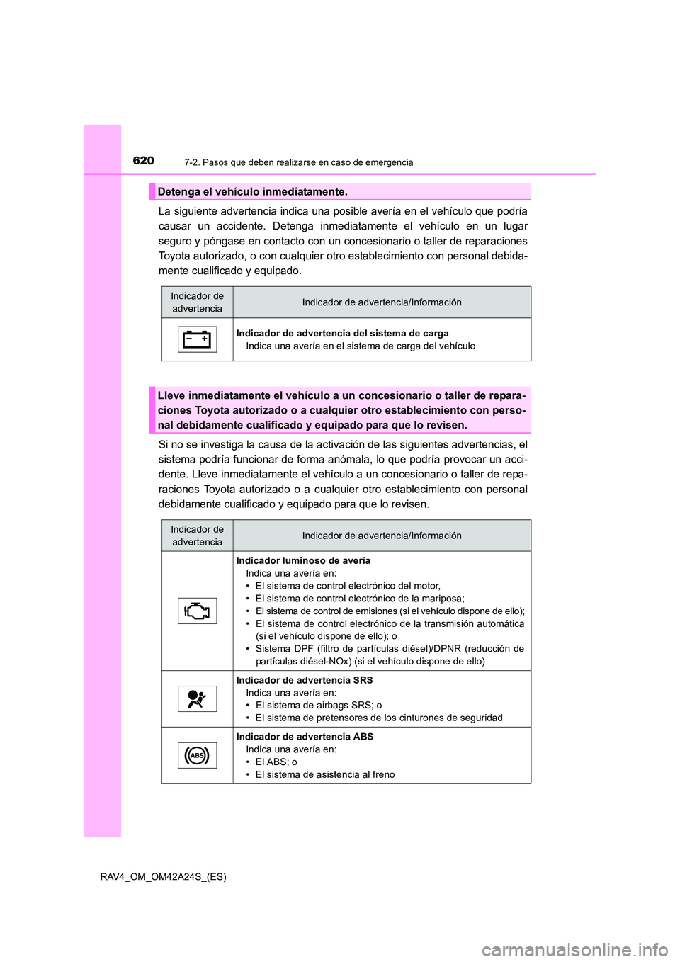 TOYOTA RAV4 2014 Manual del propietario (in Spanish) 6207-2. Pasos que deben realizarse en caso de emergencia
RAV4_OM_OM42A24S_(ES)
La siguiente advertencia indica una posible avería en el vehículo que podría
causar un accidente. Detenga inmediatamen TOYOTA RAV4 2014 Manual del propietario (in Spanish) 6207-2. Pasos que deben realizarse en caso de emergencia
RAV4_OM_OM42A24S_(ES)
La siguiente advertencia indica una posible avería en el vehículo que podría
causar un accidente. Detenga inmediatamen