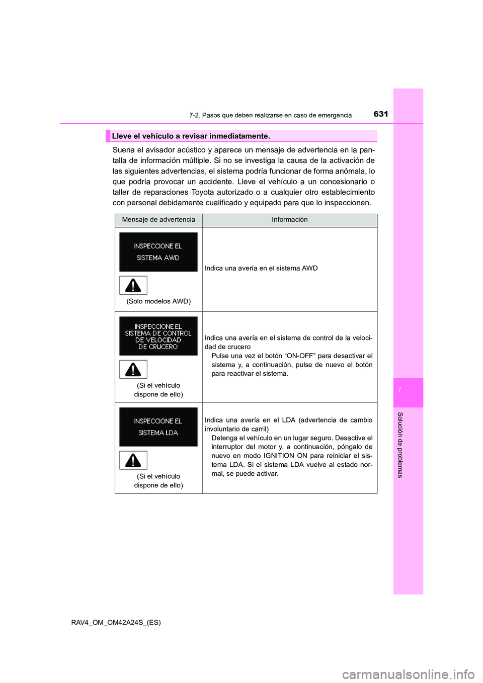 TOYOTA RAV4 2014 Manual del propietario (in Spanish) 6317-2. Pasos que deben realizarse en caso de emergencia
7
Solución de problemas
RAV4_OM_OM42A24S_(ES)
Suena el avisador acústico y aparece un mensaje de advertencia en la pan-
talla de información TOYOTA RAV4 2014 Manual del propietario (in Spanish) 6317-2. Pasos que deben realizarse en caso de emergencia
7
Solución de problemas
RAV4_OM_OM42A24S_(ES)
Suena el avisador acústico y aparece un mensaje de advertencia en la pan-
talla de información