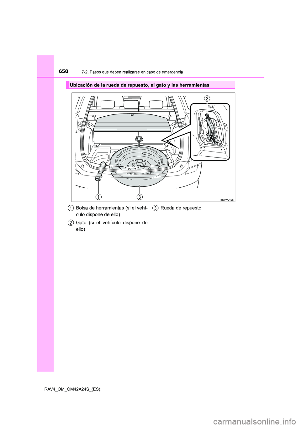 TOYOTA RAV4 2014 Manual del propietario (in Spanish) 6507-2. Pasos que deben realizarse en caso de emergencia
RAV4_OM_OM42A24S_(ES)
Ubicación de la rueda de repuesto, el gato y las herramientas
Bolsa de herramientas (si el vehí-
culo dispone de ello)
TOYOTA RAV4 2014 Manual del propietario (in Spanish) 6507-2. Pasos que deben realizarse en caso de emergencia
RAV4_OM_OM42A24S_(ES)
Ubicación de la rueda de repuesto, el gato y las herramientas
Bolsa de herramientas (si el vehí-
culo dispone de ello)