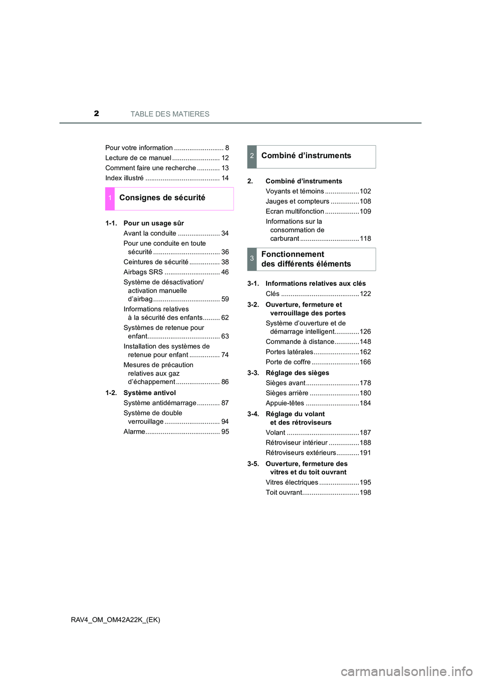 TOYOTA RAV4 2014  Manuel du propriétaire (in French) TABLE DES MATIERES2
RAV4_OM_OM42A22K_(EK)Pour votre information .......................... 8
Lecture de ce manuel ......................... 12
Comment faire une recherche ............ 13
Index illustr