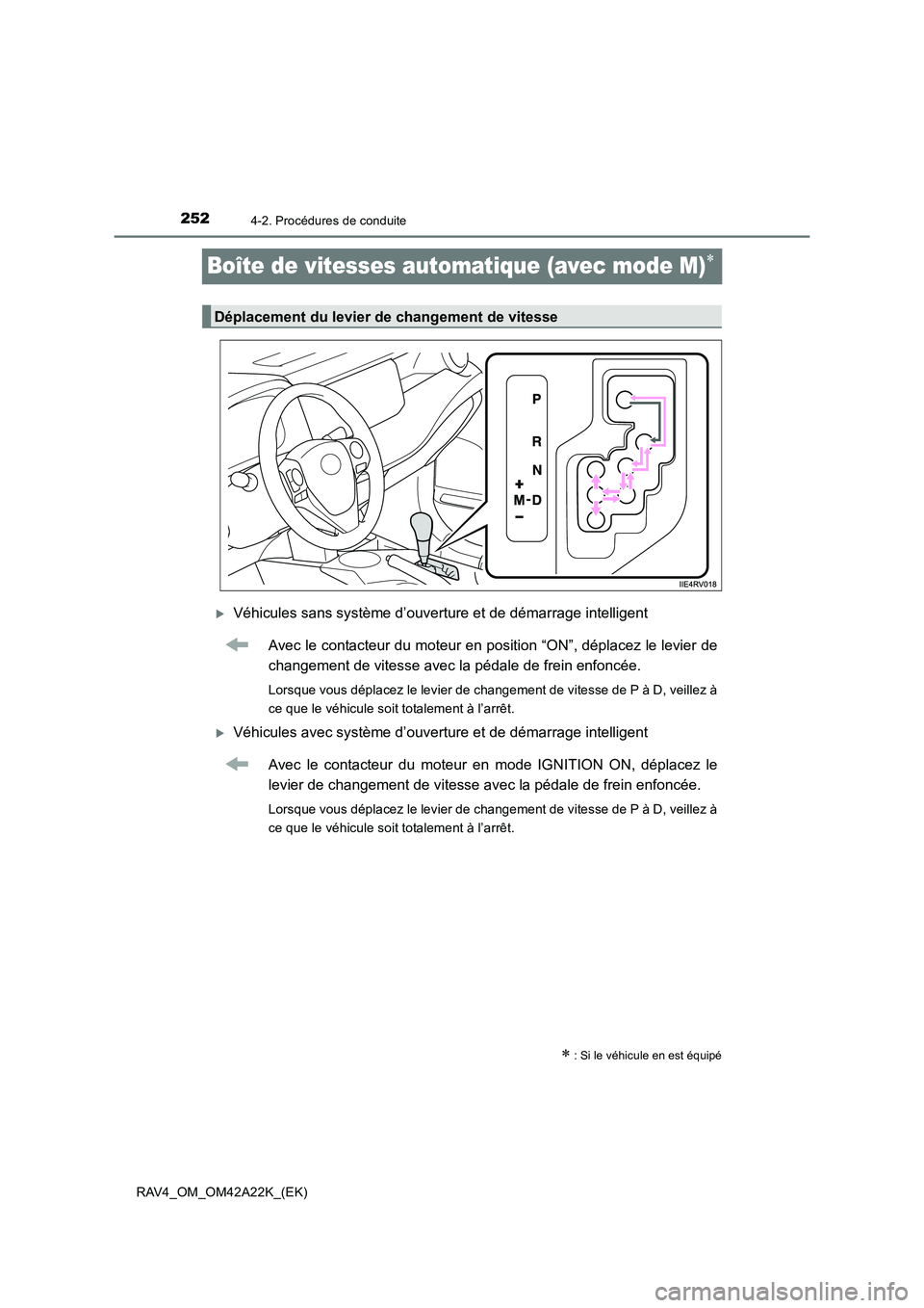 TOYOTA RAV4 2014  Manuel du propriétaire (in French) 2524-2. Procédures de conduite
RAV4_OM_OM42A22K_(EK)
Boîte de vitesses automatique (avec mode M)∗
�XVéhicules sans système d’ouverture et de démarrage intelligentAvec le contacteur du moteur 
