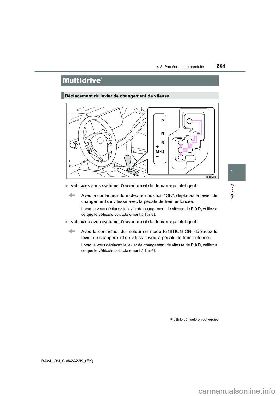 TOYOTA RAV4 2014  Manuel du propriétaire (in French) 261
4
4-2. Procédures de conduite
Conduite
RAV4_OM_OM42A22K_(EK)
Multidrive∗
�XVéhicules sans système d’ouverture et de démarrage intelligentAvec le contacteur du moteur en position “ON”, 