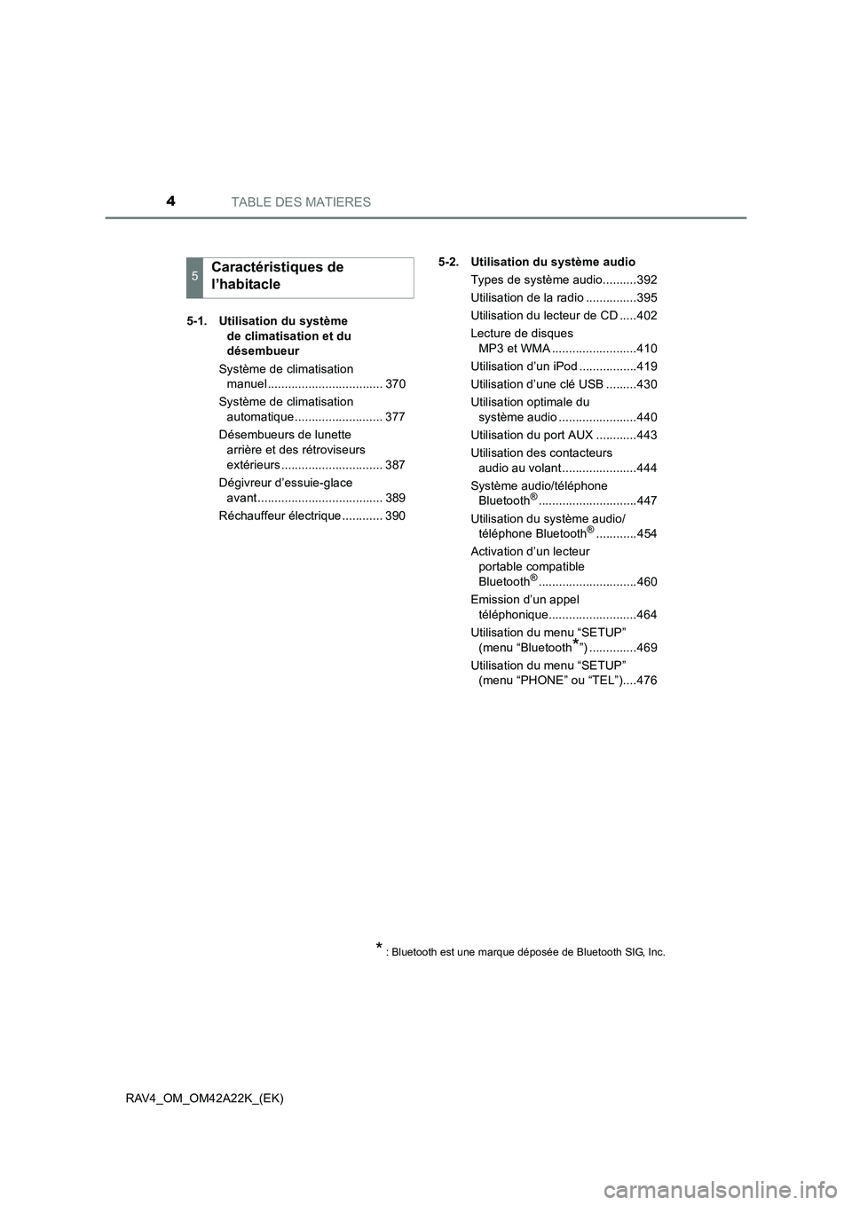 TOYOTA RAV4 2014  Manuel du propriétaire (in French) TABLE DES MATIERES4
RAV4_OM_OM42A22K_(EK)5-1. Utilisation du système 
de climatisation et du 
désembueur
Système de climatisation  manuel .................................. 370
Système de climatis